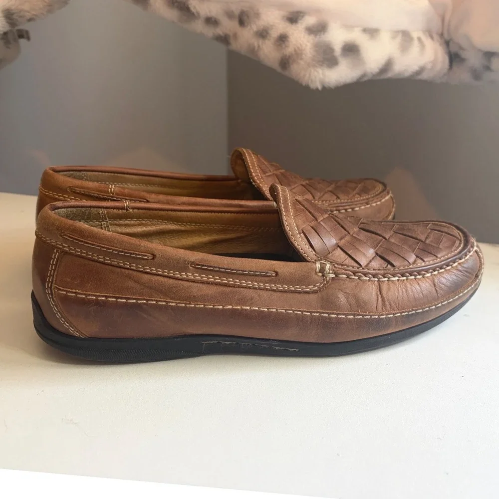 Johnston & Murphy Mens Woven Leather Loafers Brown Driving Mocs 9.5 M 25-85736